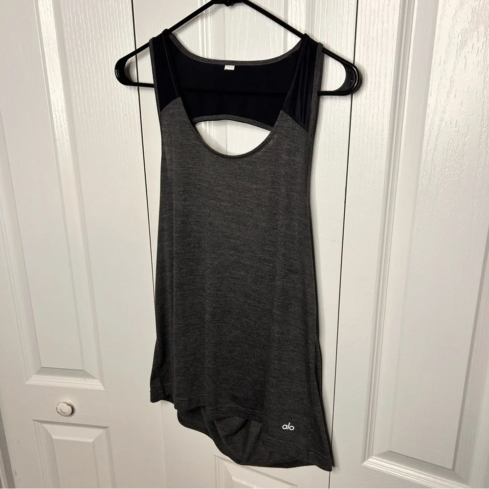 Alo Vapor Tank Charcoal Flec Black Gray Sleeveless Scoop‎ Open Back Size Small S